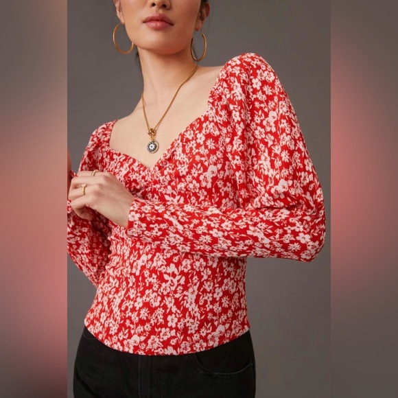 Anthropologie Tops - Anthropologie Red/white floral romantic Sweetheart Smock Bodice Sleeve Top sizeL